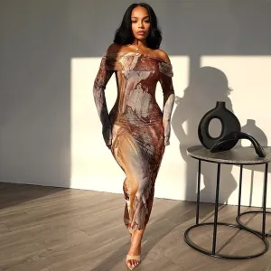 Brown Off-Shoulder Bodycon Dress
