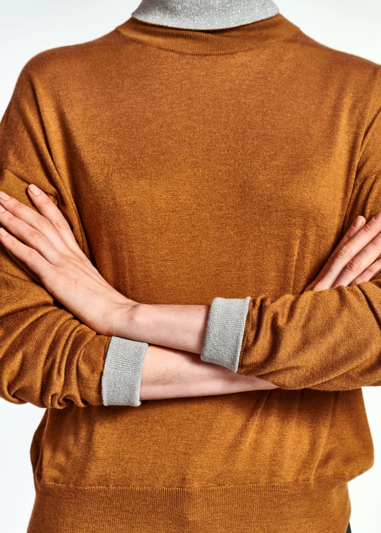 Camel and off-white ruffle sleeved midi dress