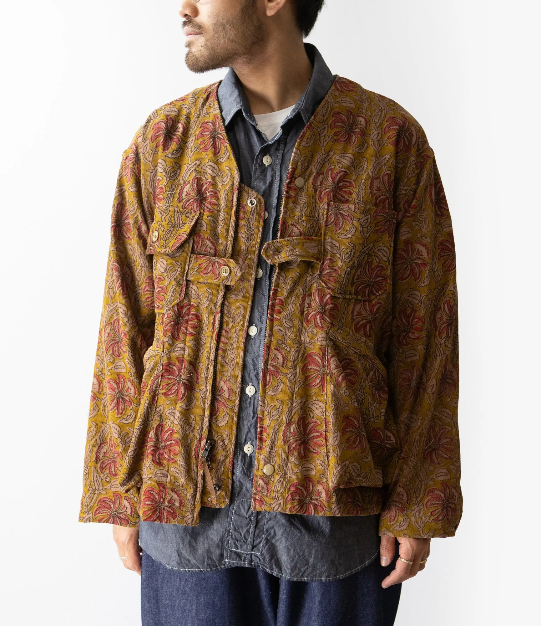 Cardigan Jacket – Khaki Floral Printed Corduroy