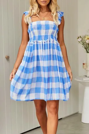 Casual Plaid Flounce Square Collar Cake Skirt Dresses