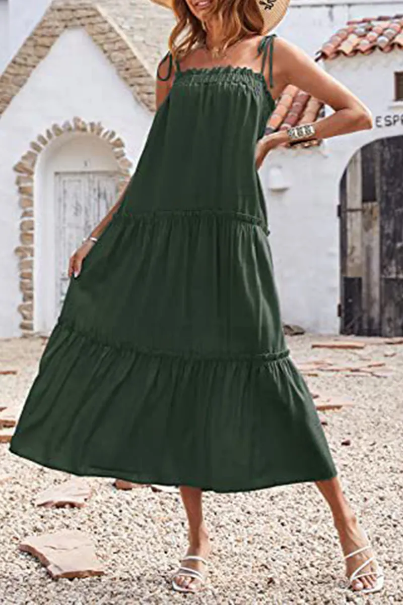 Casual Solid Flounce Spaghetti Strap Cake Skirt Dresses(6 Colors)