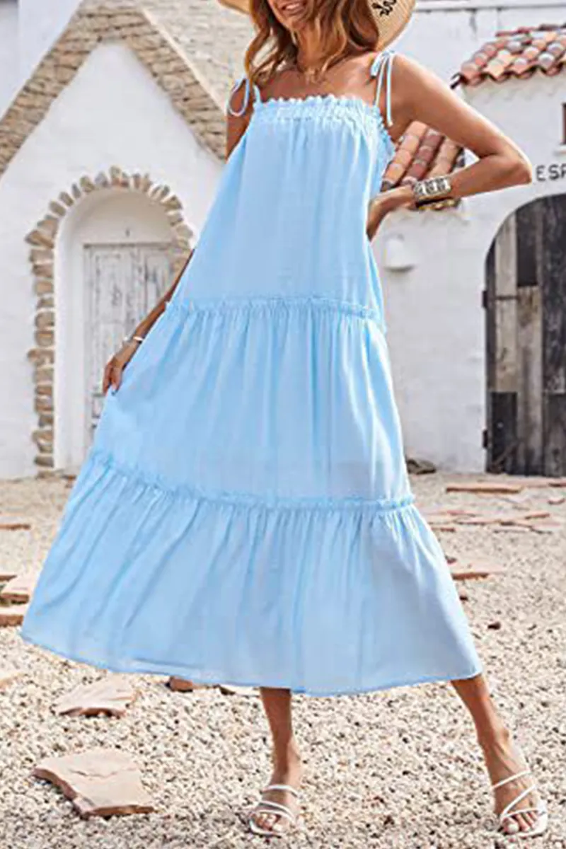 Casual Solid Flounce Spaghetti Strap Cake Skirt Dresses(6 Colors)