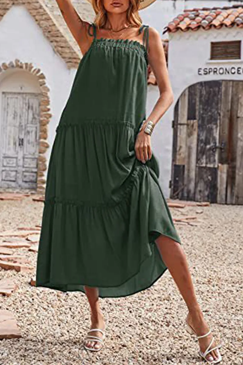 Casual Solid Flounce Spaghetti Strap Cake Skirt Dresses(6 Colors)