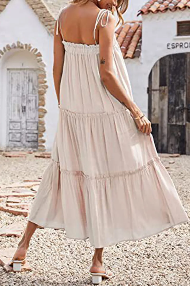 Casual Solid Flounce Spaghetti Strap Cake Skirt Dresses(6 Colors)