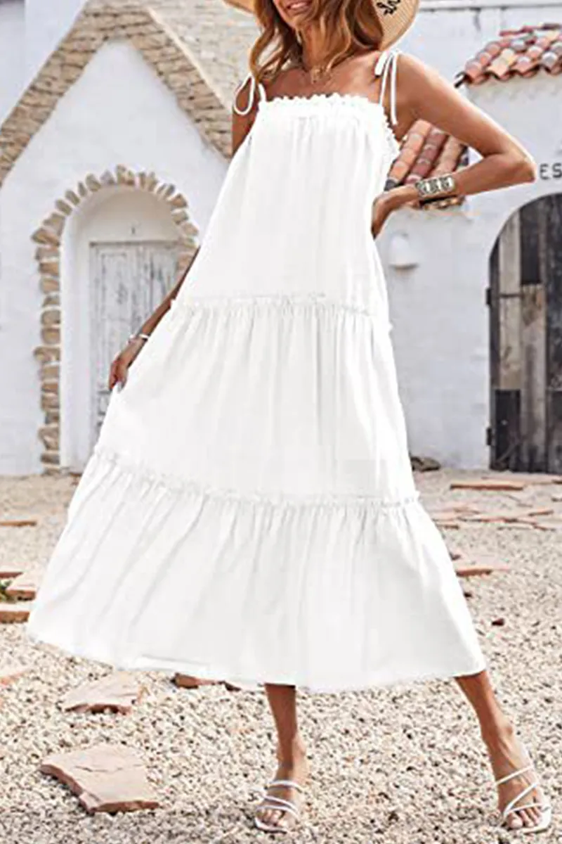 Casual Solid Flounce Spaghetti Strap Cake Skirt Dresses(6 Colors)