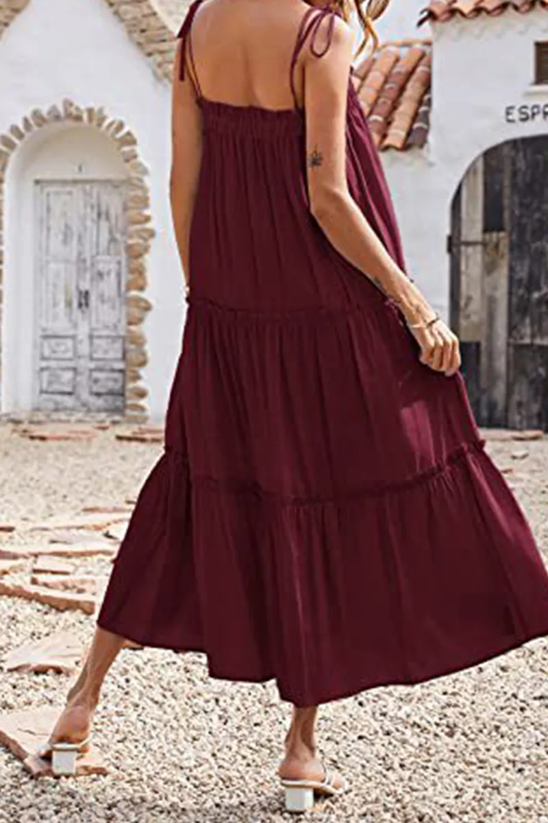 Casual Solid Flounce Spaghetti Strap Cake Skirt Dresses(6 Colors)