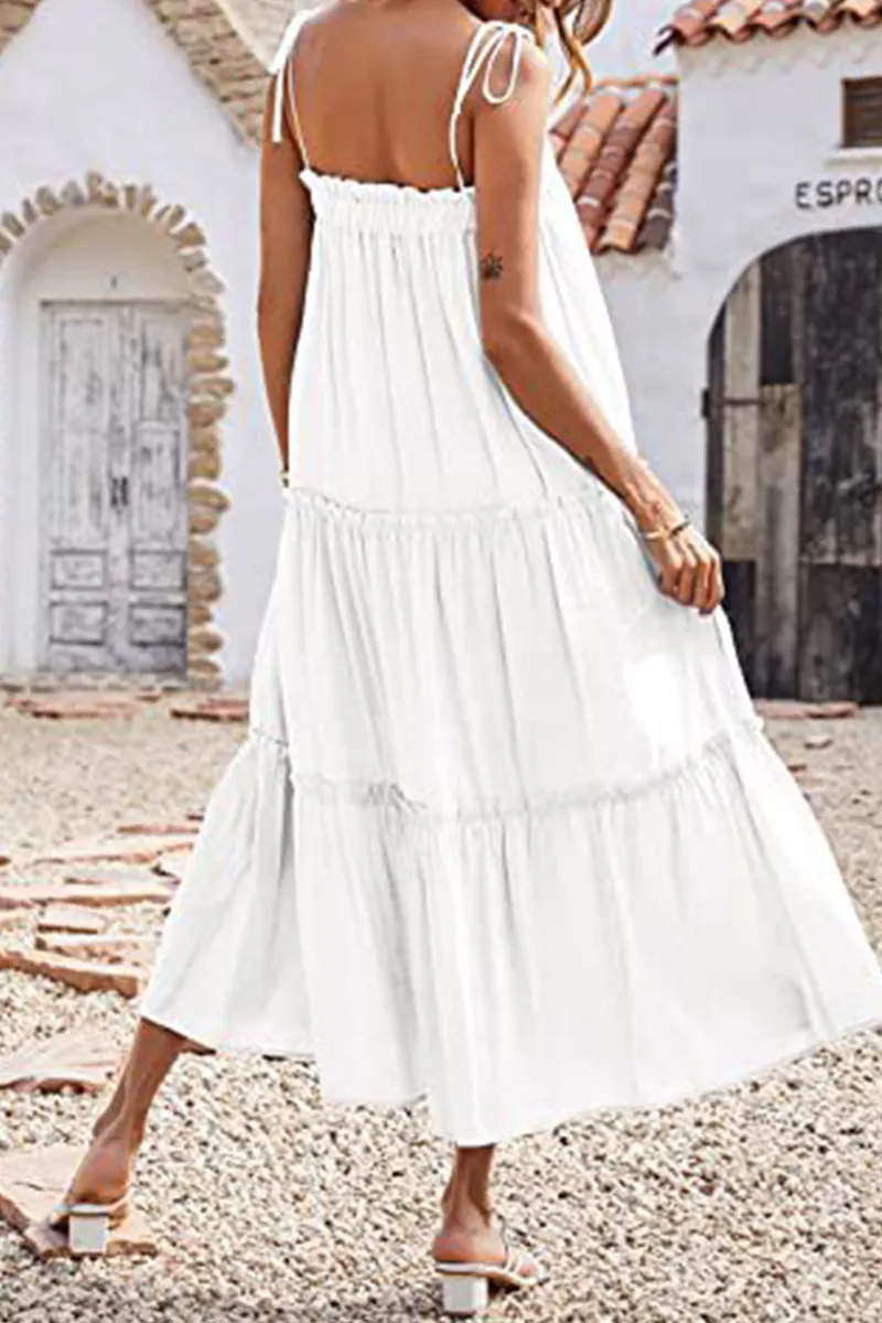 Casual Solid Flounce Spaghetti Strap Cake Skirt Dresses(6 Colors)