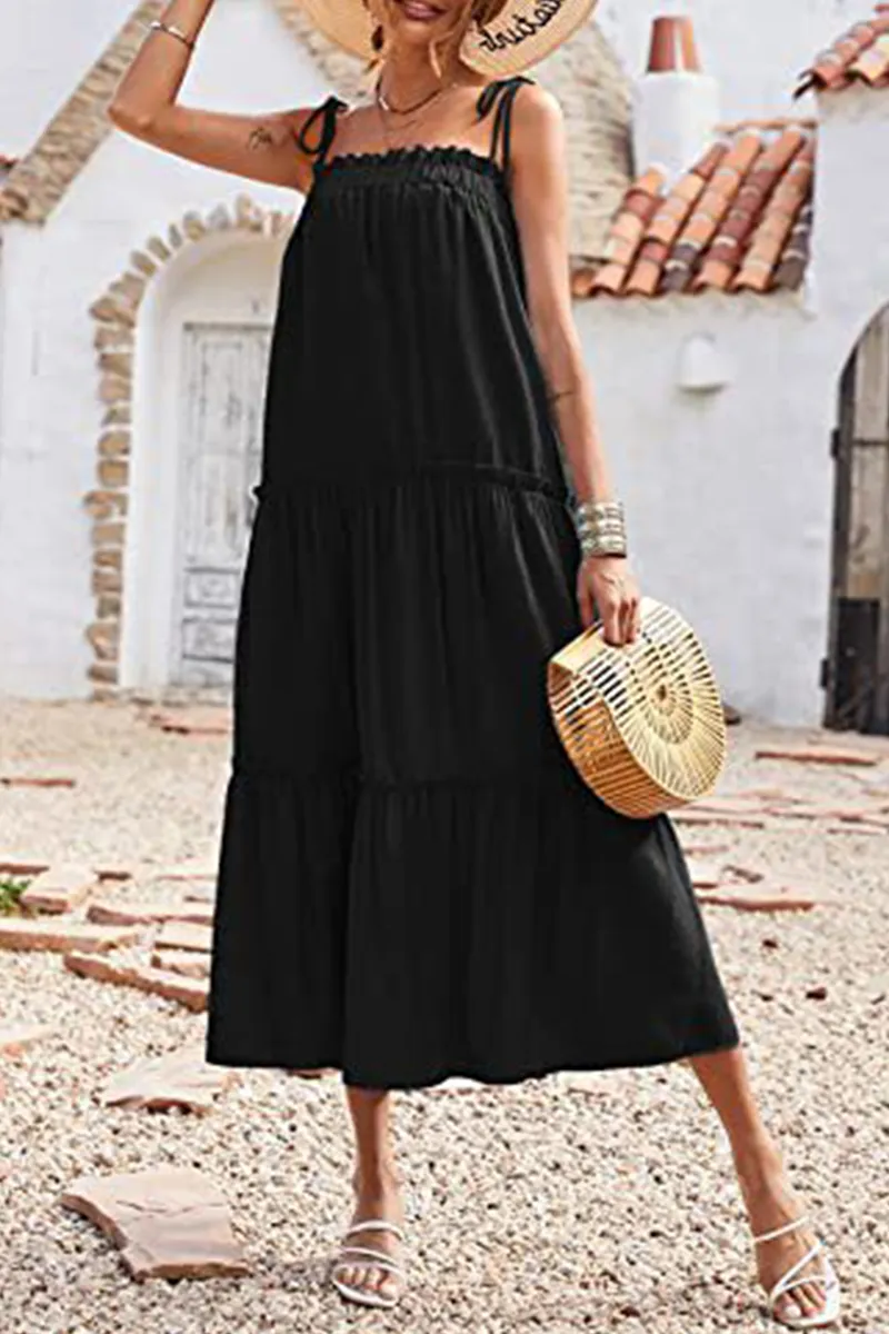 Casual Solid Flounce Spaghetti Strap Cake Skirt Dresses(6 Colors)