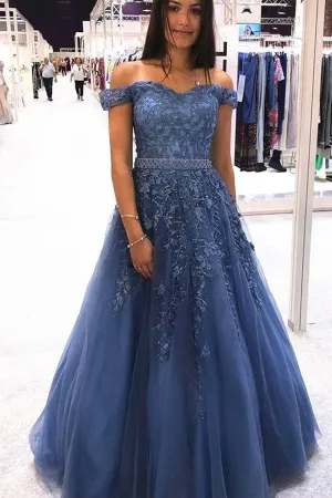 Charming Ball Gown Off the Shoulder Lace Tulle Long Prom Dresses with Appliques,MP599