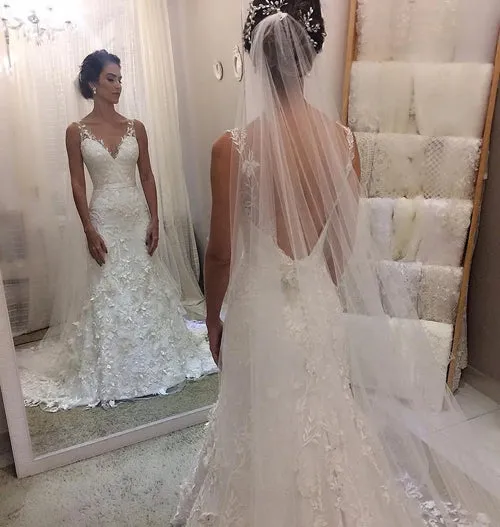 Cheap V-neck Backless Lace Mermaid Wedding Dresses,Cheap Bridal Dresses,MW331