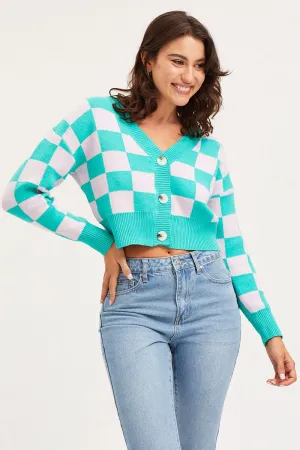 Check Knit Cardigan Long Sleeve Crop V-Neck