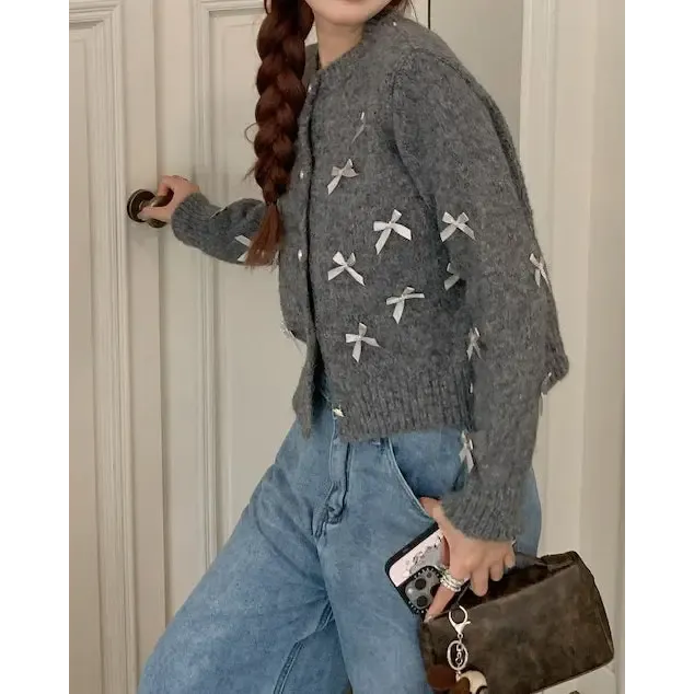 Coquette Aesthetic Grey Cardigan with Bows for Cozy Style