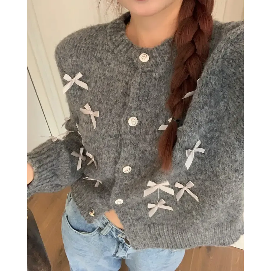 Coquette Aesthetic Grey Cardigan with Bows for Cozy Style