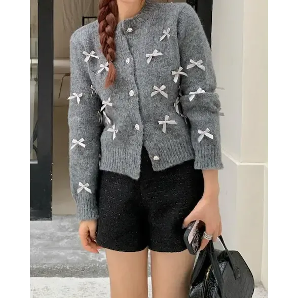 Coquette Aesthetic Grey Cardigan with Bows for Cozy Style