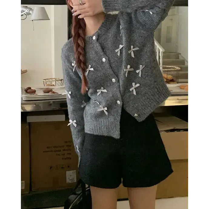 Coquette Aesthetic Grey Cardigan with Bows for Cozy Style