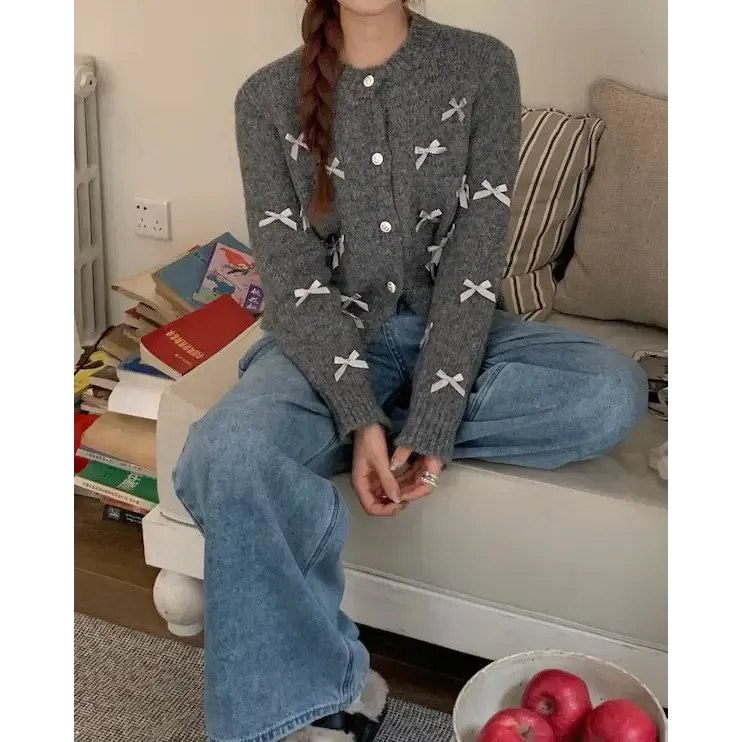 Coquette Aesthetic Grey Cardigan with Bows for Cozy Style