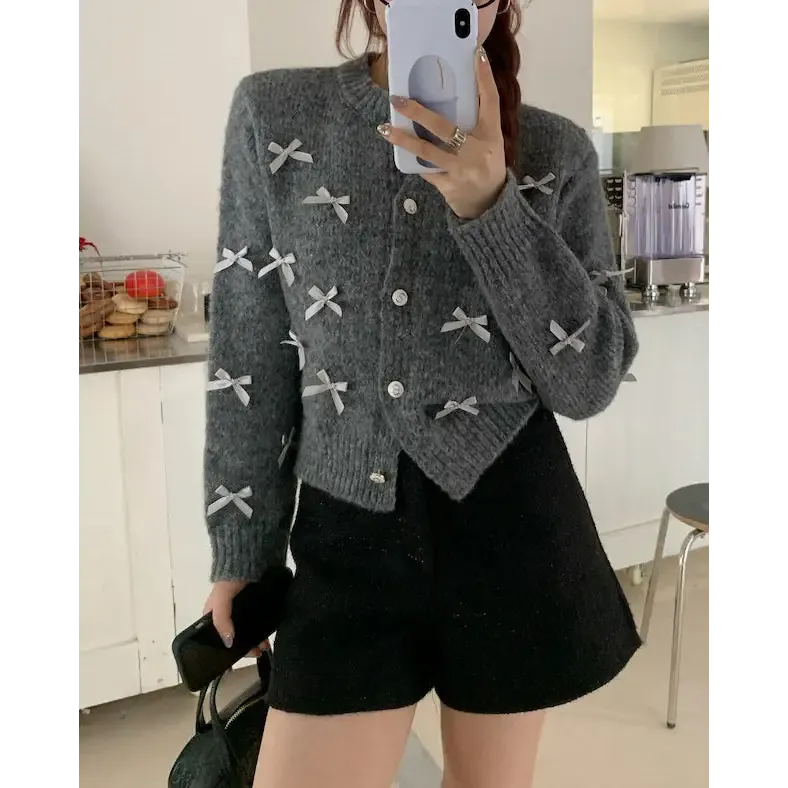 Coquette Aesthetic Grey Cardigan with Bows for Cozy Style