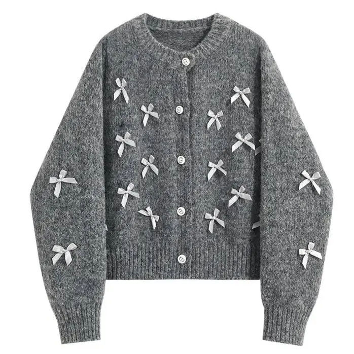 Coquette Aesthetic Grey Cardigan with Bows for Cozy Style