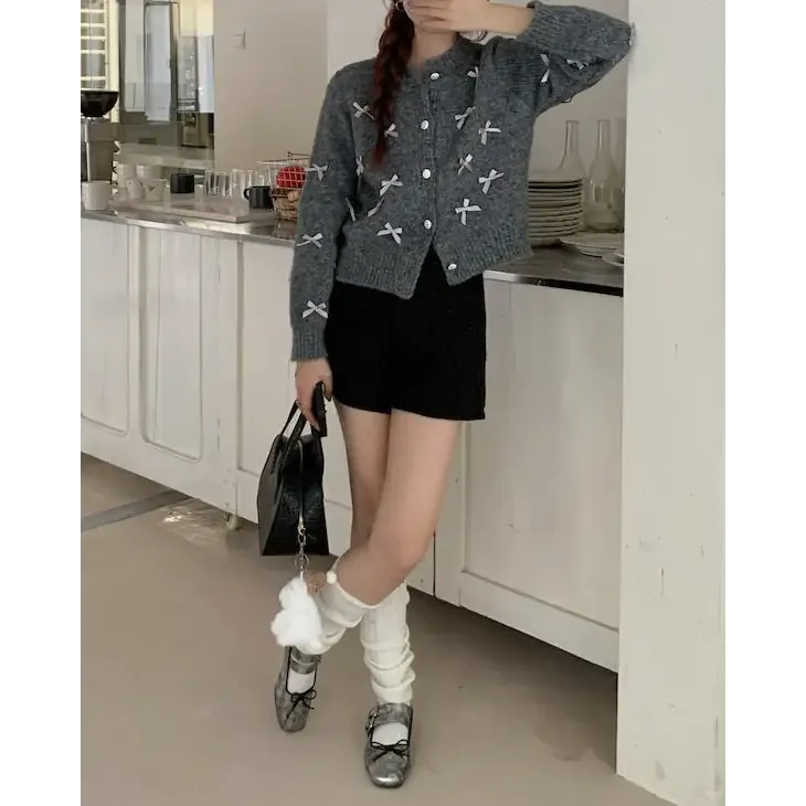 Coquette Aesthetic Grey Cardigan with Bows for Cozy Style