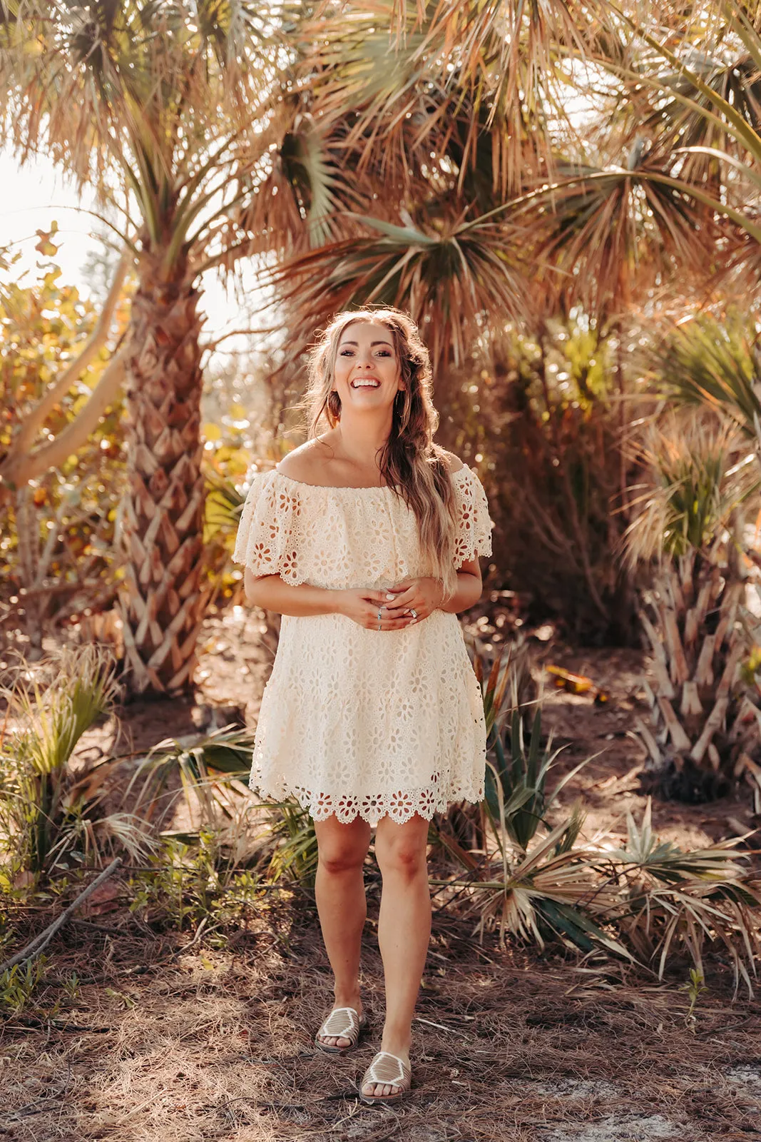 Cream Crochet Off The Shoulder Dress Ruffled Hemline