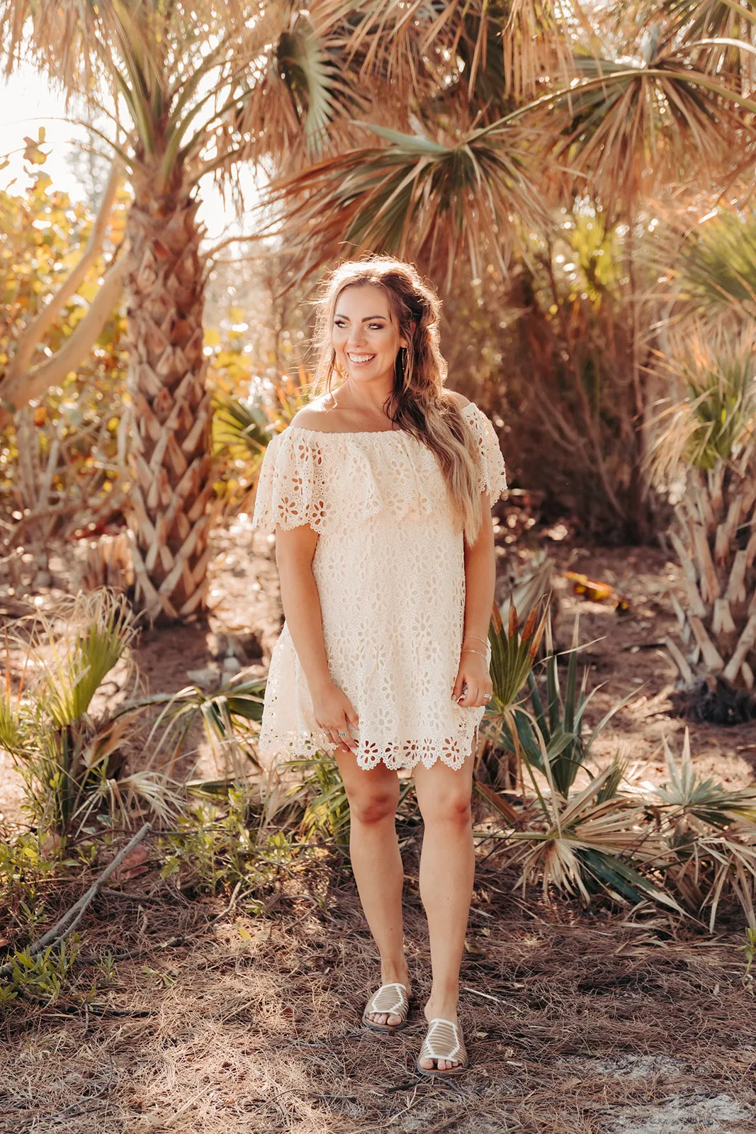 Cream Crochet Off The Shoulder Dress Ruffled Hemline