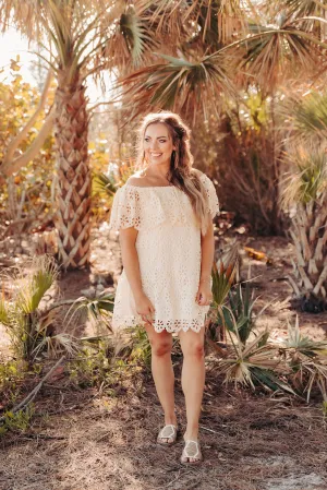 Cream Crochet Off The Shoulder Dress Ruffled Hemline