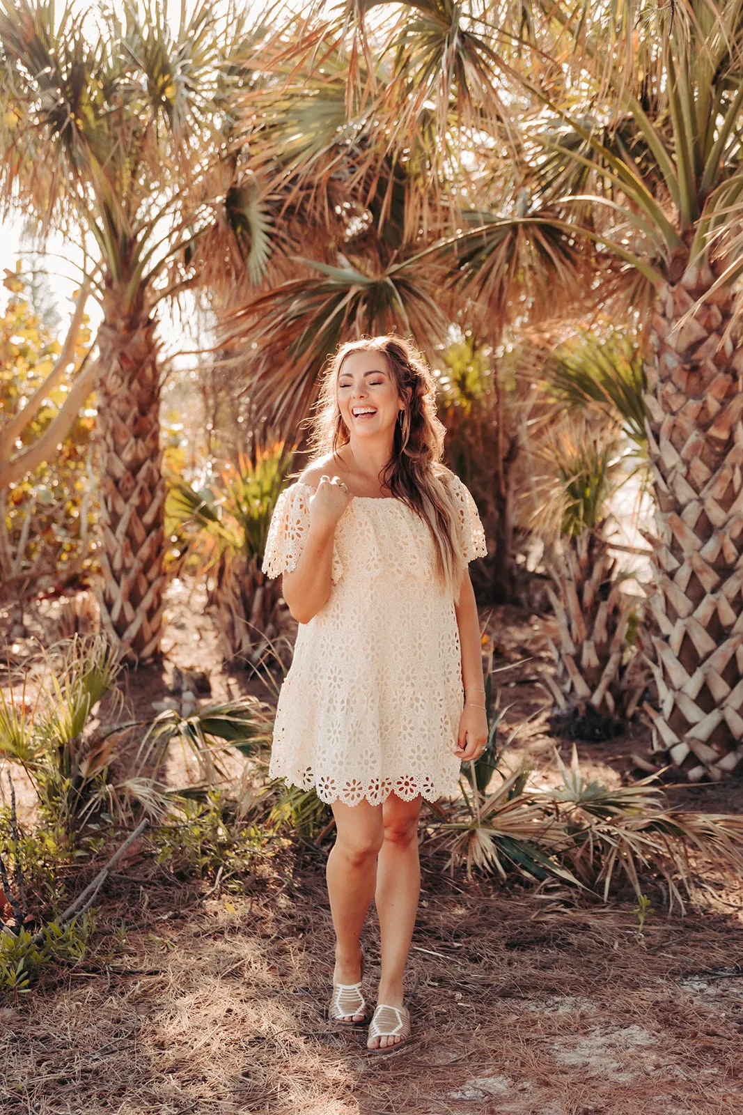 Cream Crochet Off The Shoulder Dress Ruffled Hemline
