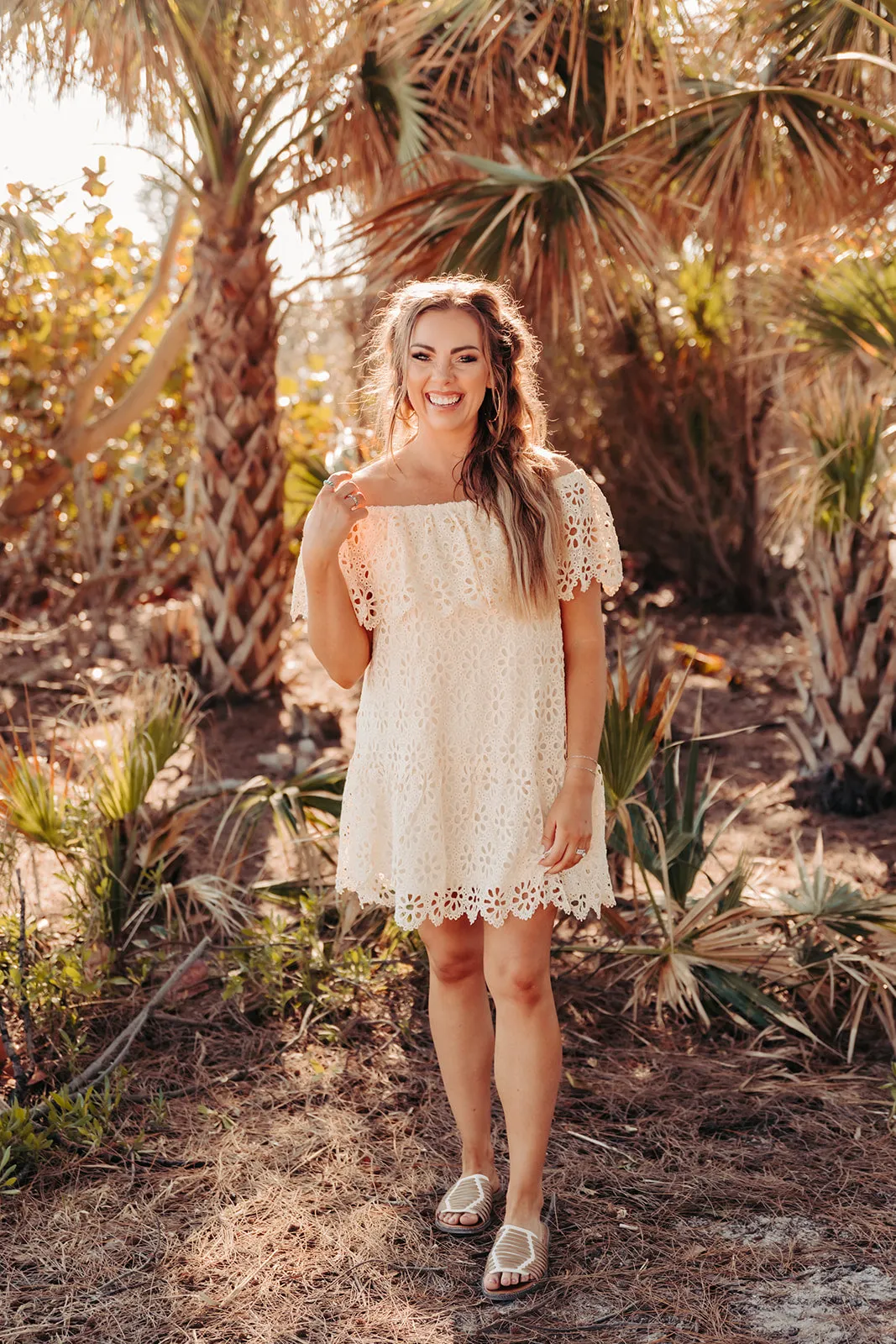 Cream Crochet Off The Shoulder Dress Ruffled Hemline