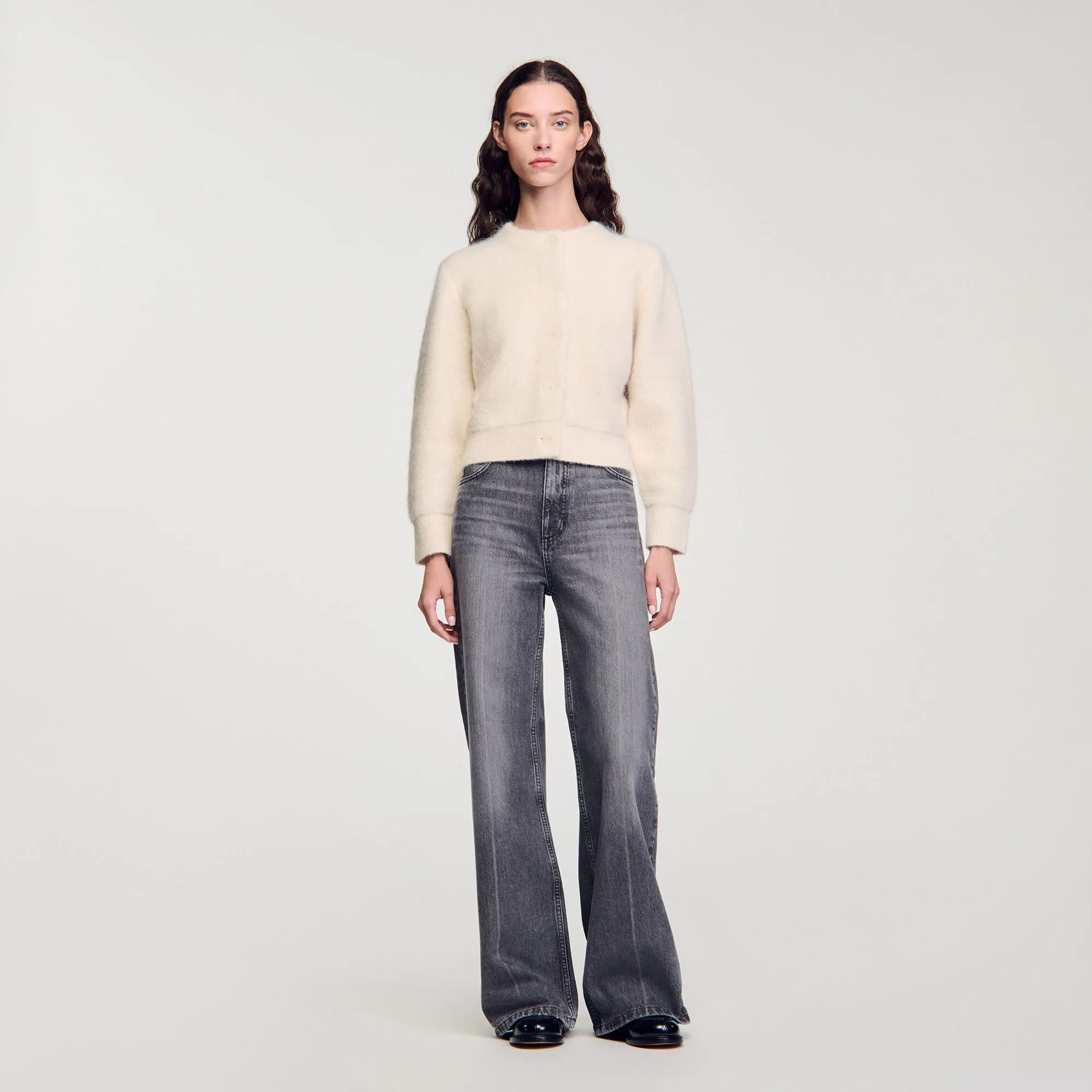 Creamy Cropped Fluffy Knit Cardigan Ecru