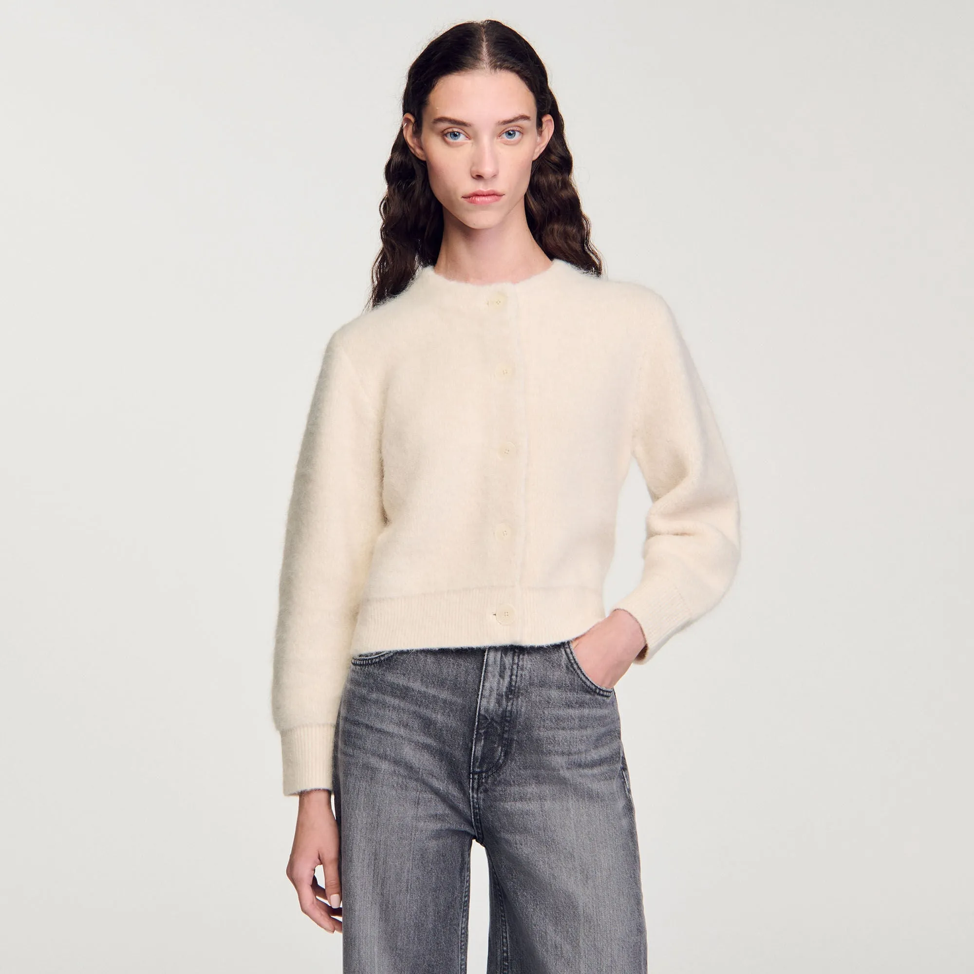 Creamy Cropped Fluffy Knit Cardigan Ecru