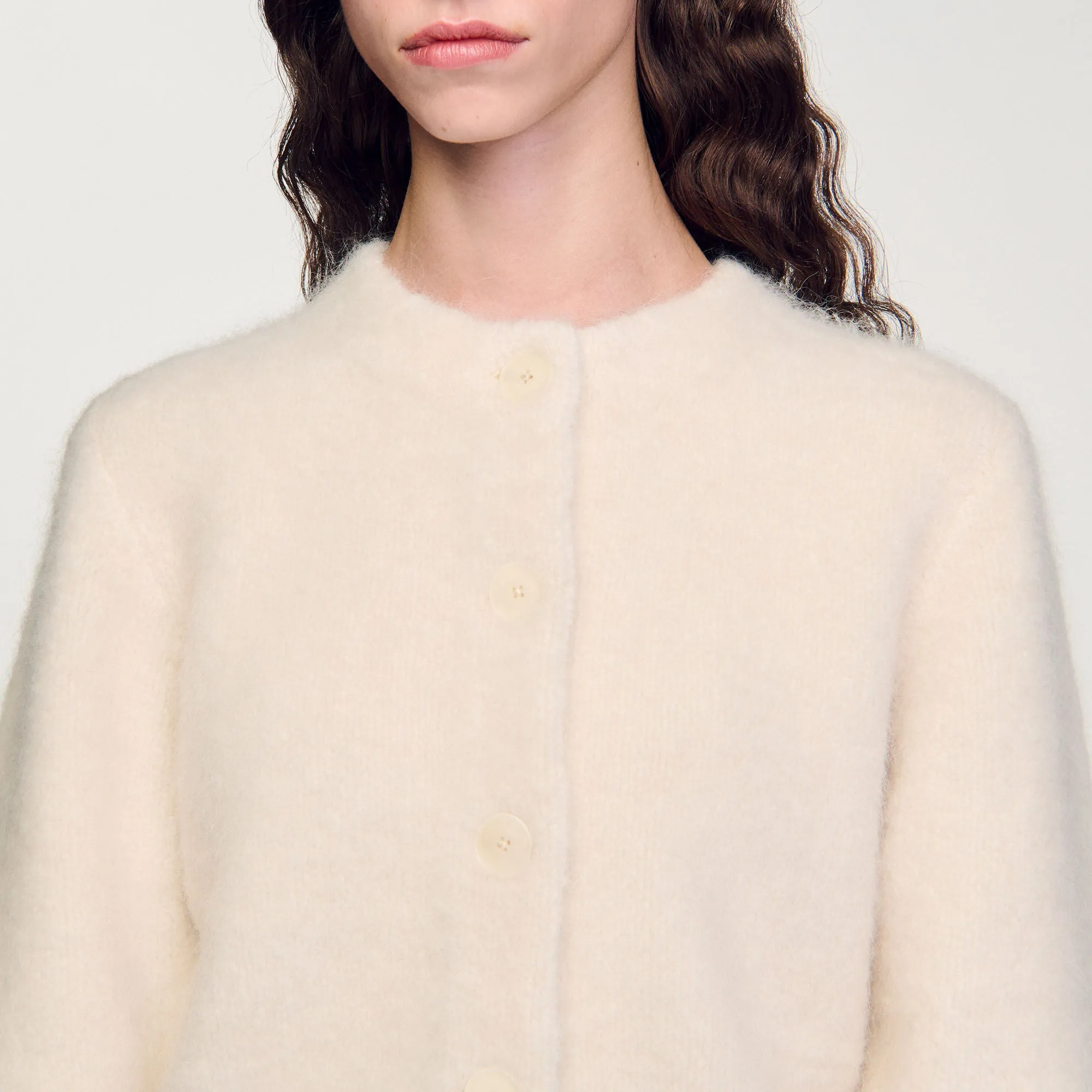 Creamy Cropped Fluffy Knit Cardigan Ecru