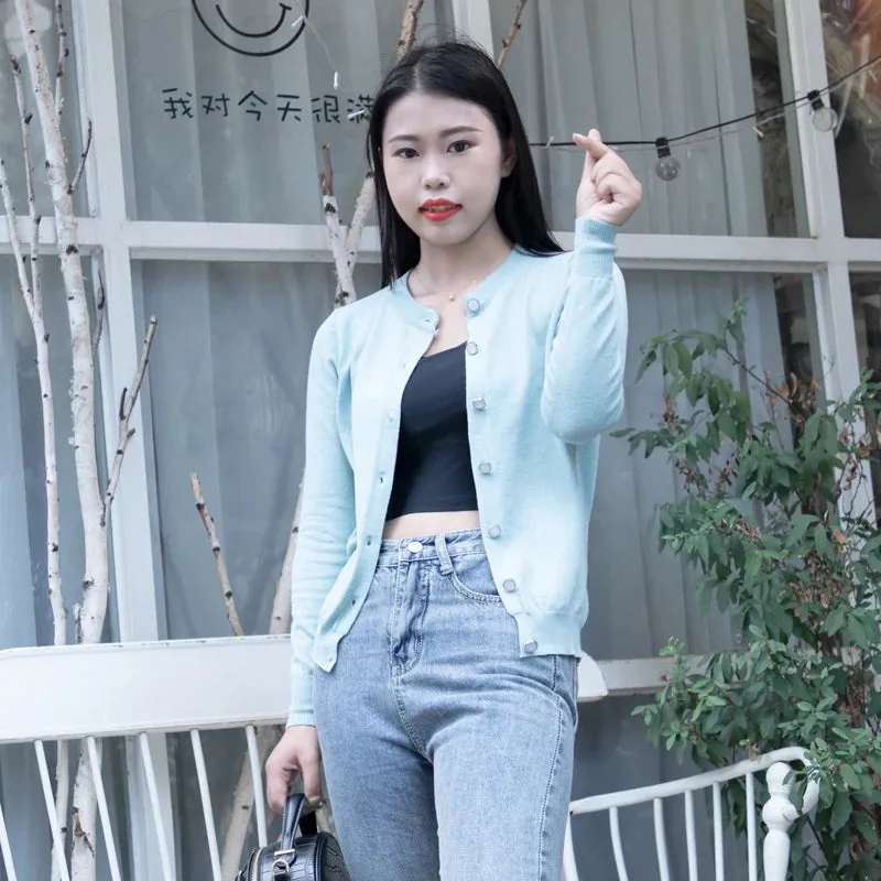 Cropped Long Sleeve Top Women's Coat Spring Jersey Knit Ladies Cardigan Female Sweaters Blouses