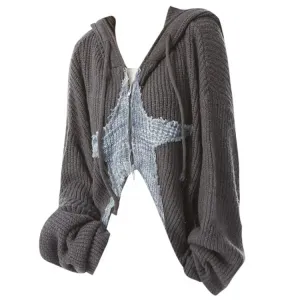 Cropped Y2K Sweater Jacket with Star Design and Hoodie