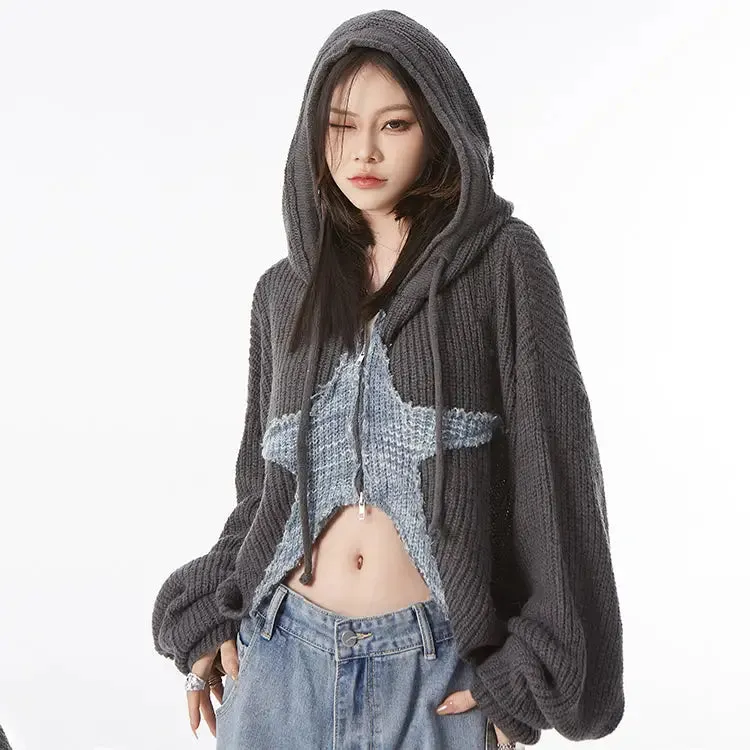 Cropped Y2K Sweater Jacket with Star Design and Hoodie