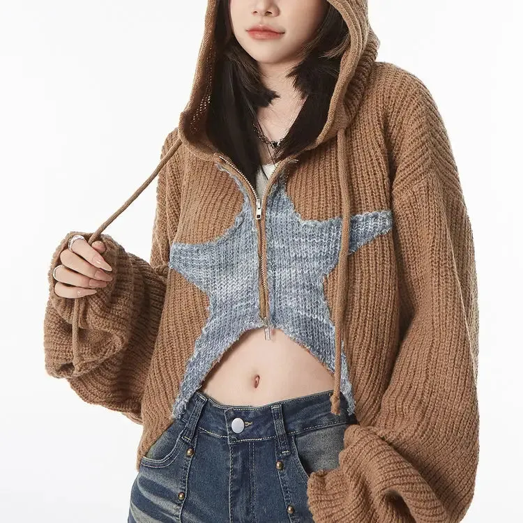 Cropped Y2K Sweater Jacket with Star Design and Hoodie