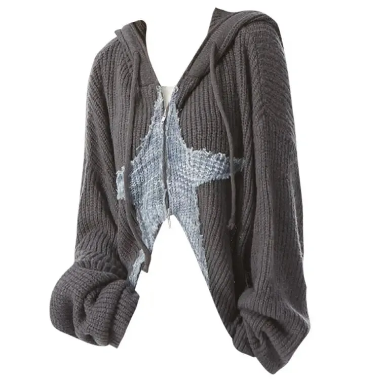 Cropped Y2K Sweater Jacket with Star Design and Hoodie