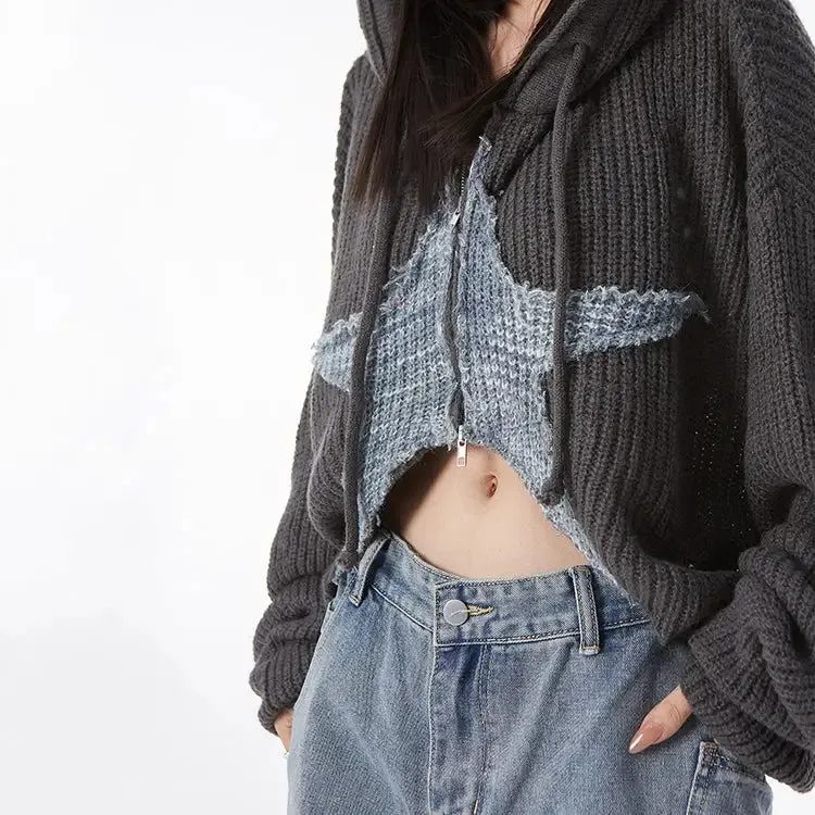 Cropped Y2K Sweater Jacket with Star Design and Hoodie