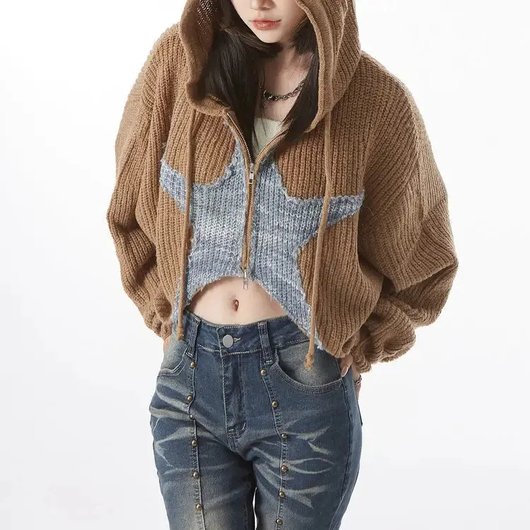 Cropped Y2K Sweater Jacket with Star Design and Hoodie