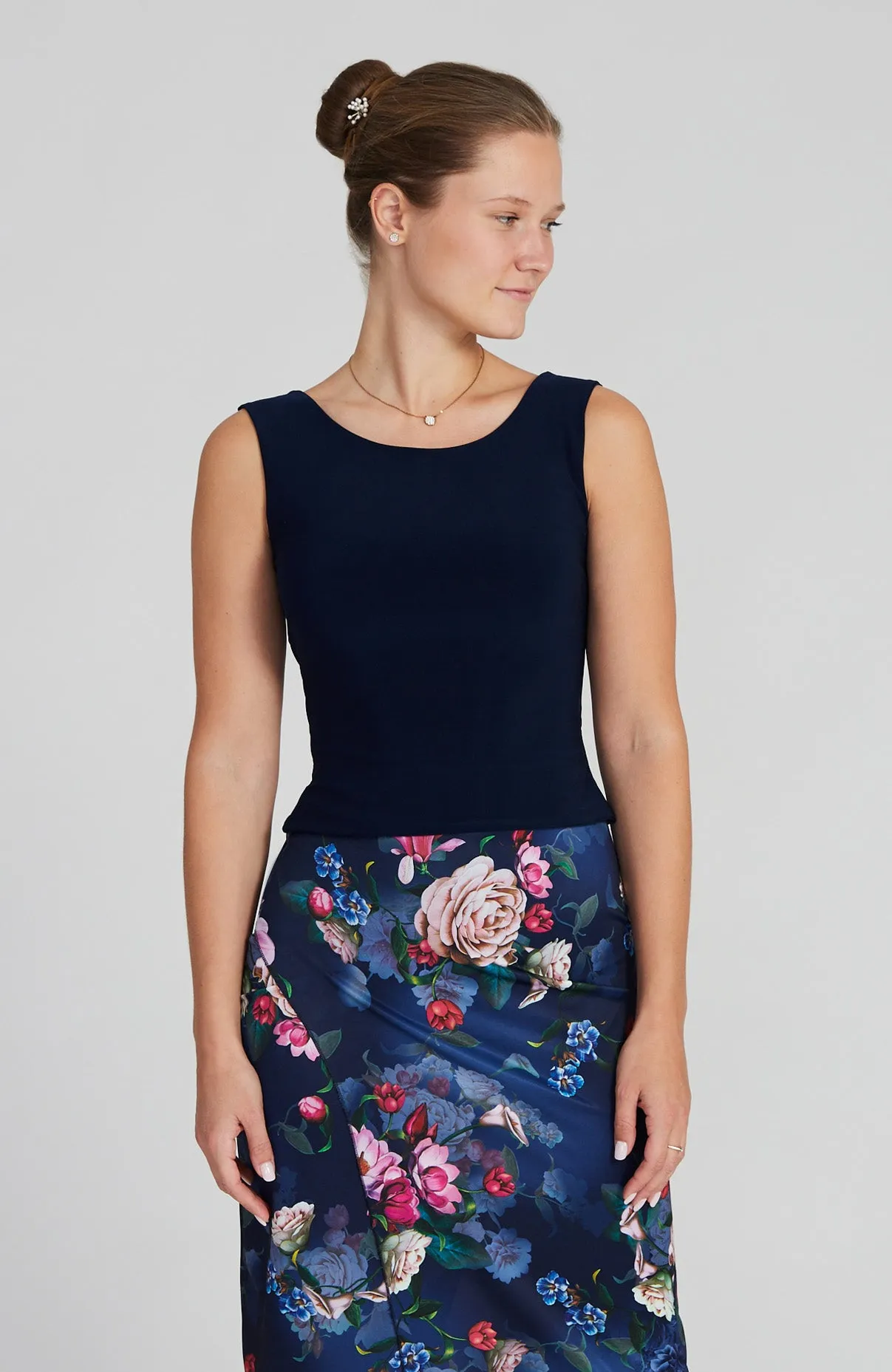 DANIELA Navy Blue Bateau Neck Top with Cross Back