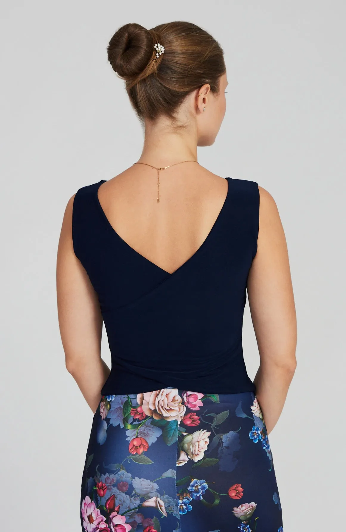 DANIELA Navy Blue Bateau Neck Top with Cross Back