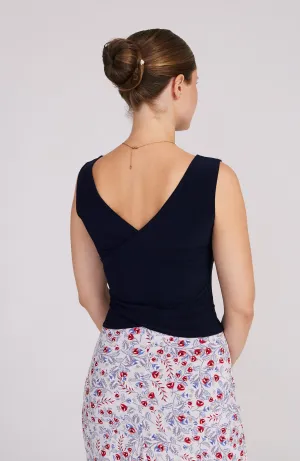 DANIELA Navy Blue Bateau Neck Top with Cross Back