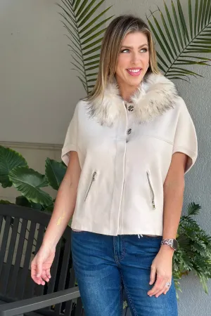 Dolce Cabo Faux Fur Collar Short Sleeve Cardigan-Cream