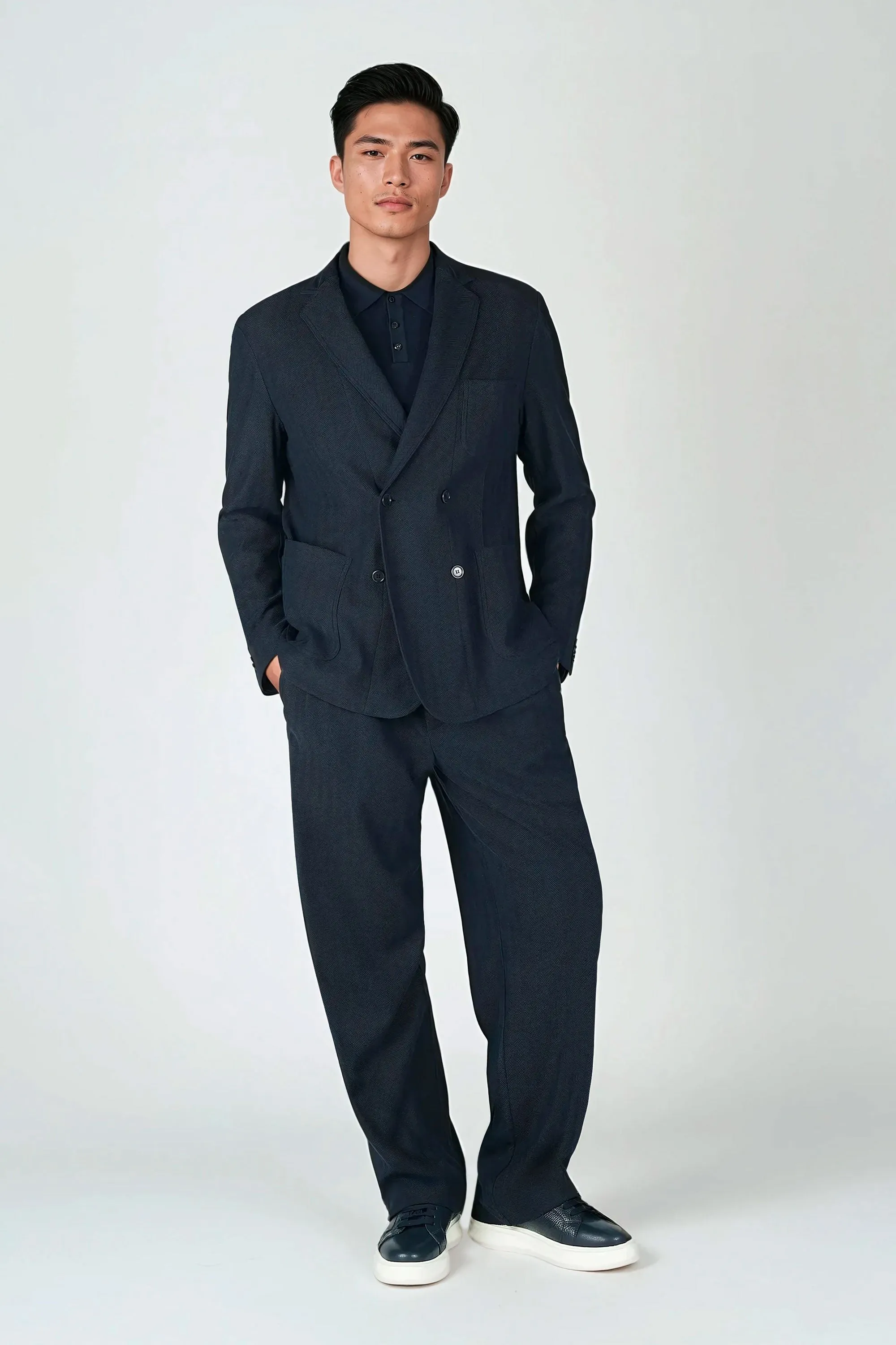 Double-Breasted Unstructured Herringbone Blazer