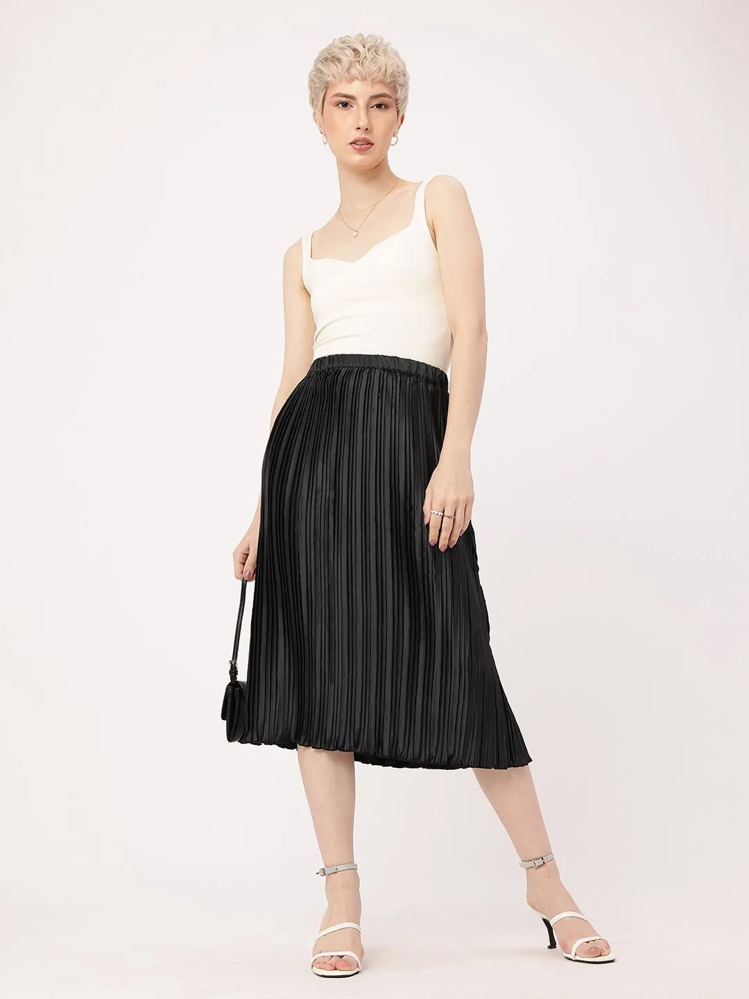 DressBerry Effortless Elegance Accordion Pleated Satin Finish A-Line Midi Skirts