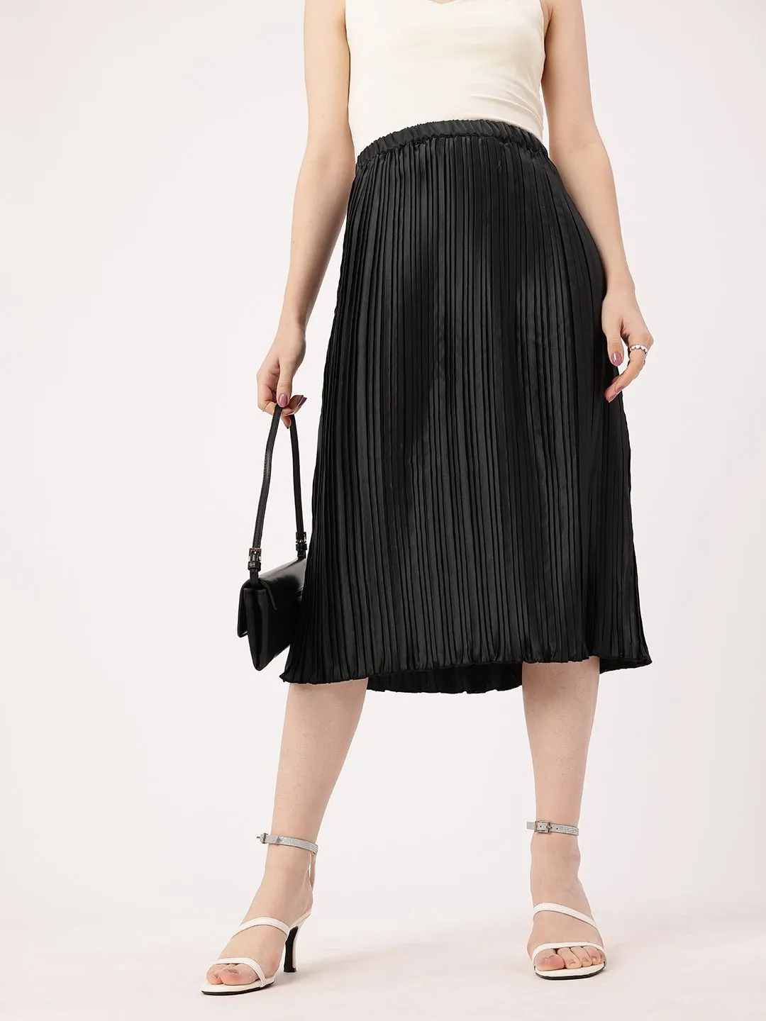 DressBerry Effortless Elegance Accordion Pleated Satin Finish A-Line Midi Skirts
