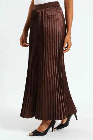 Elasticated Satin Pleated Maxi Skirt - Chocolate