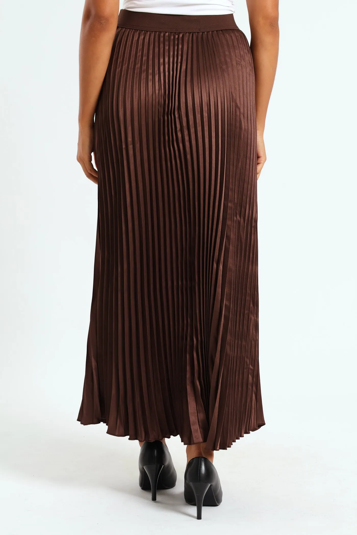 Elasticated Satin Pleated Maxi Skirt - Chocolate