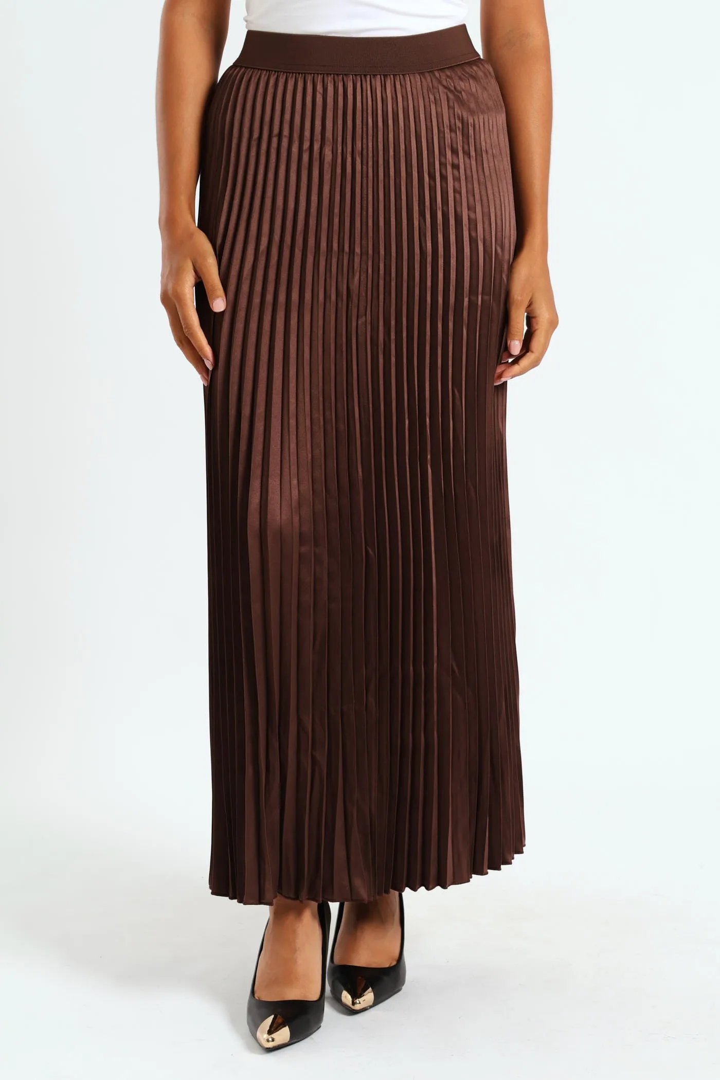 Elasticated Satin Pleated Maxi Skirt - Chocolate