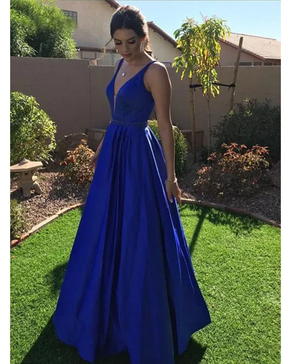 Elegant 2019 V-Neck Prom Dresses with Beadings New Royal Blue Prom Gowns Floor Length