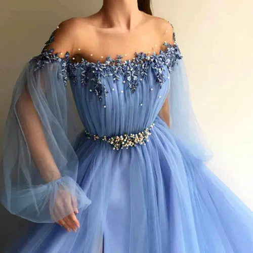 Elegant Off the Shoulder Blue Long Sleeves Beaded Side Slit Prom Dresses,MP453